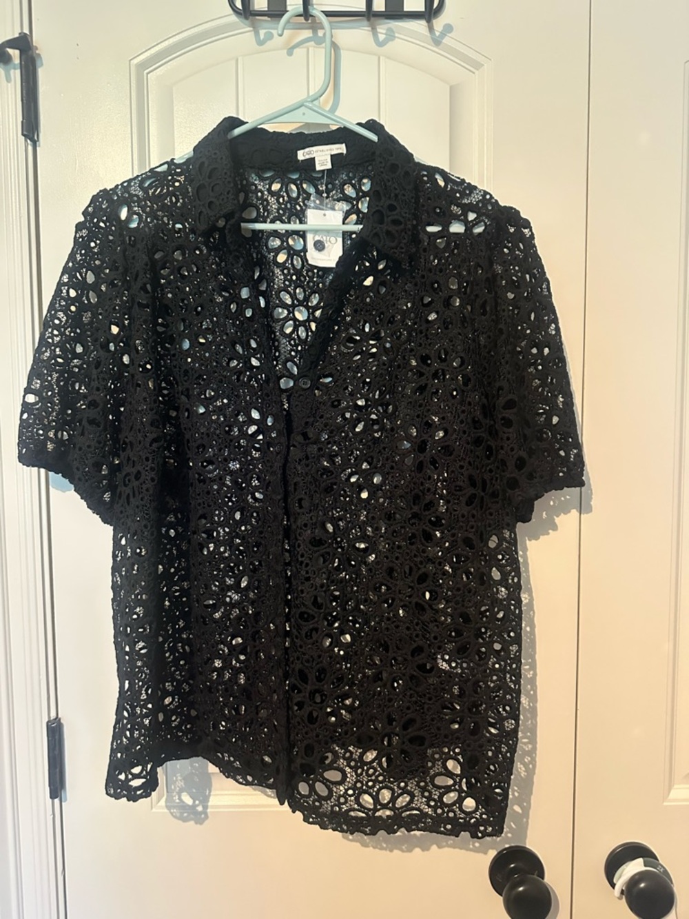 Cato Black Crochet Short-Sleeve Button-Down Shirt